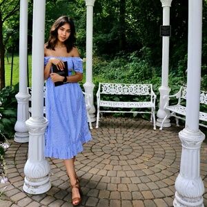 J.Crew Factory - Blue & White Striped Puff Sleeve Midi Dress – xxs - Pockets